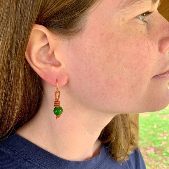 Jade Gemstones on Hand Knotted Soft Brown Leather Cord Earrings - Picture 1 of 7